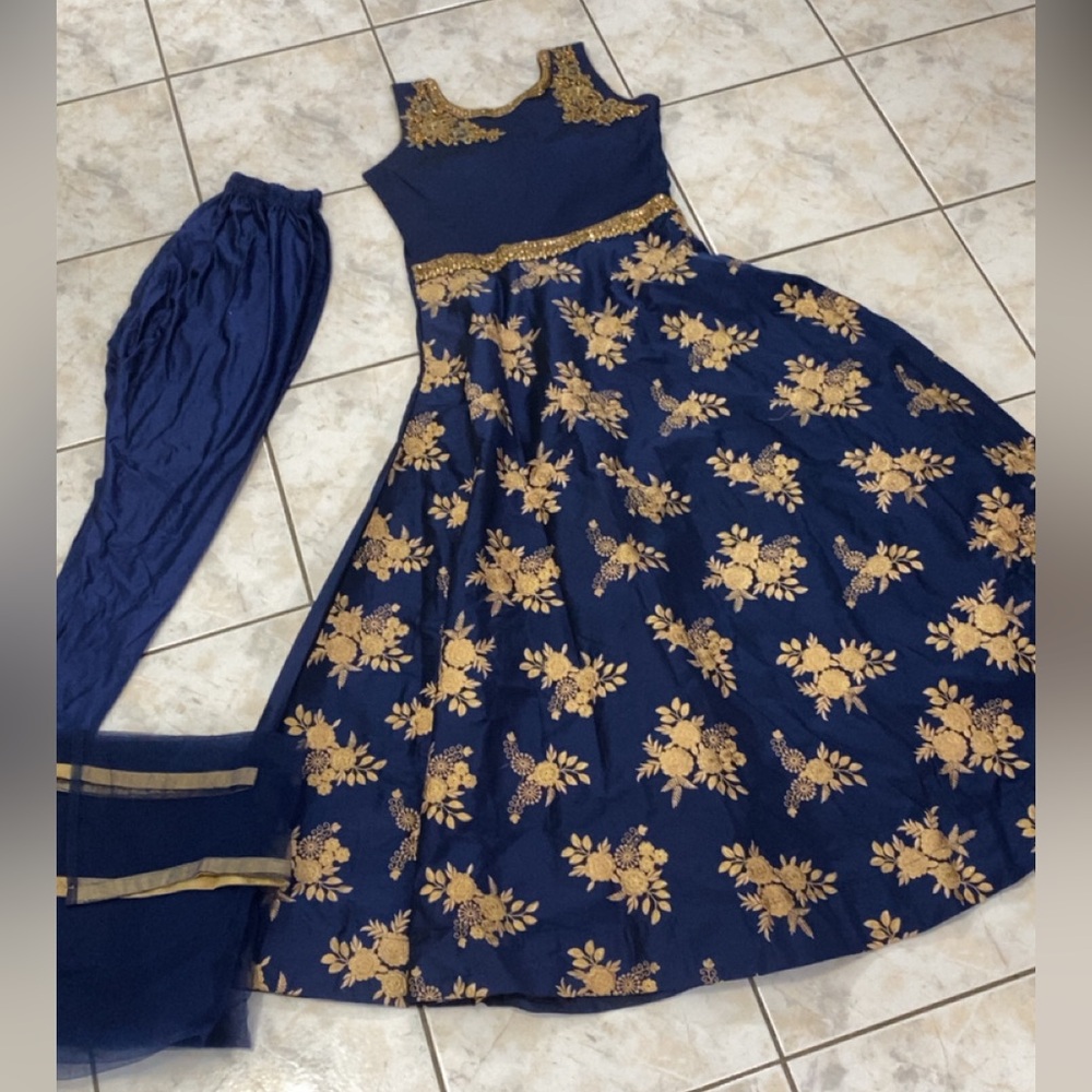 Elegant Navy Blue and Gold Anarkali Dress